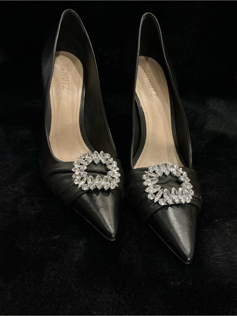 SCHUTZ Black Pointed Leather Pumps with Crystal Circle Buckles Size 8.5
